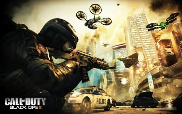 A soldier aiming a rifle in a city under attack with police cars and drones flying, HD Desktop Wallpaper