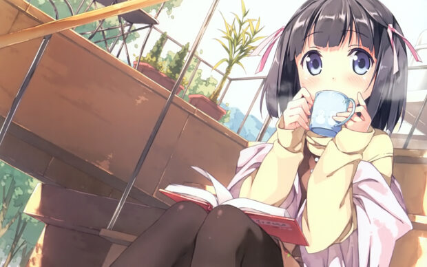 A girl from The World God Only Knows is reading with a cup in her hands, HD Desktop Wallpaper