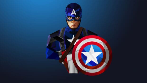 A digital portrait of Captain America holding his shield in Justin Maller wallpapers style, 2K Desktop Wallpaper