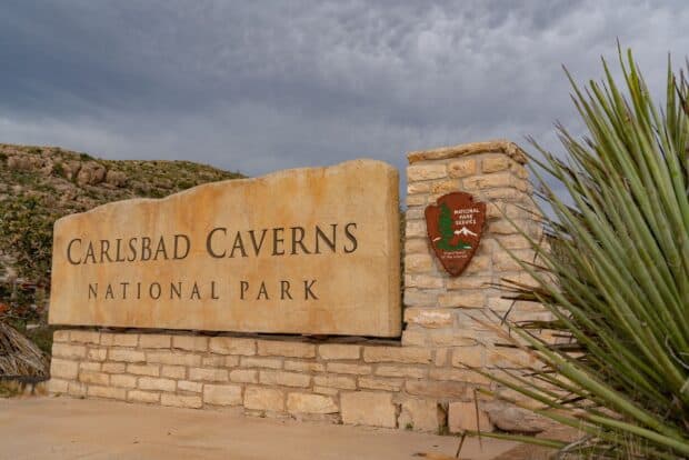 The Carlsbad Caverns National Park sign stands under a cloudy sky surrounded by desert plants, HD Desktop Wallpaper