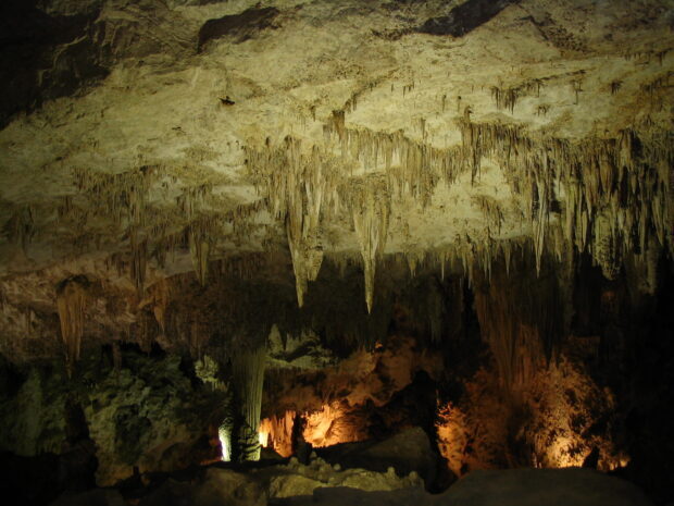 The Carlsbad Caverns National Park shows unique stalactites and cave structures illuminated inside the cave, HD Desktop Wallpaper