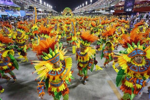 A lively parade with dancers in colorful costumes during Rio De Janeiro celebrations, HD Desktop Wallpaper