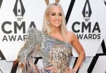 Carrie Underwood smiles wearing a silver embellished dress at the CMA Awards, HD Desktop Wallpaper