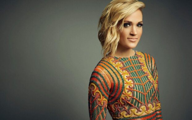 Carrie Underwood wears a detailed multicolor dress with a neutral background, HD Desktop Wallpaper