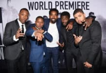Five men dressed formally smiling and posing at the Straight Outta Compton premiere event, HD Desktop Wallpaper
