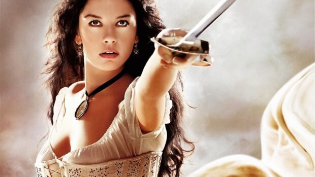 Catherine Zeta Jones is holding a sword while looking determined in this scene, HD Desktop Wallpaper