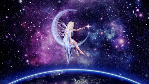 A celestial fairy with delicate wings reaches for a bright star while sitting on a crescent moon above Earth, HD Desktop Wallpaper