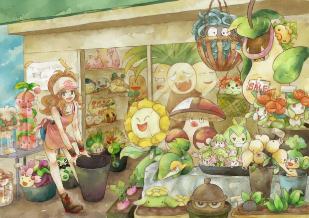 A girl is surrounded by charming grass Pokemon in a shop setting, HD Desktop Wallpaper