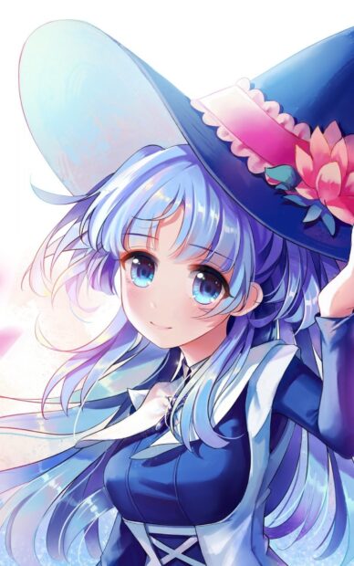 A smiling anime girl with long blue hair wears a large hat adorned with a flower in this Worldend Anime Wallpapers, HD Phone Wallpaper