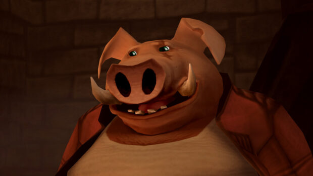 A smiling boar character appears in a dark stone room in Beyond Good And Evil game, HD Desktop Wallpaper