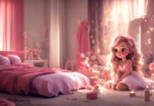 A cool girly wallpaper showing a girl with long blonde hair in a cozy pink room, 4K Desktop Wallpaper