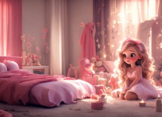 A cool girly wallpaper showing a girl with long blonde hair in a cozy pink room, 4K Desktop Wallpaper