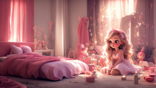 A cool girly wallpaper showing a girl with long blonde hair in a cozy pink room, 4K Desktop Wallpaper