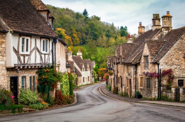 Village Wallpapers, A charming village street with historic stone houses and colorful plants in autumn, HD Desktop Wallpaper