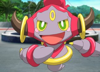 The cheerful Hoopa character is shown in an outdoor setting with greenery in the background, HD Desktop Wallpaper