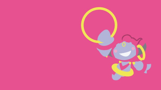 The cheerful Hoopa character is holding a golden ring on a bright pink background, HD Desktop Wallpaper