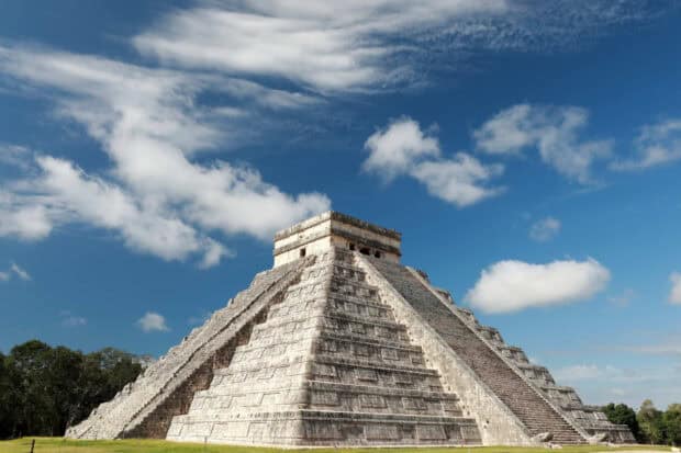The historic Chichen Itza pyramid stands under a blue sky with clouds, HD Desktop Wallpaper