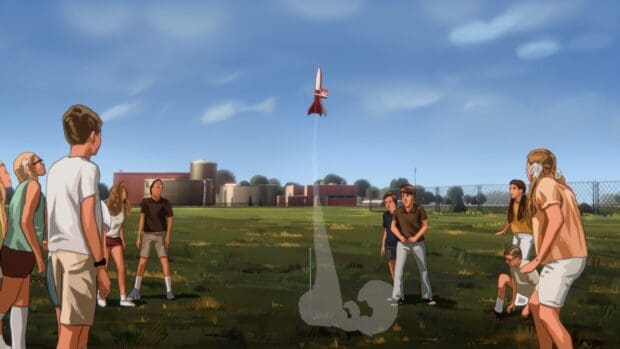 A group of children observe a rocket flying high during a sunny day outdoors, HD Desktop Wallpaper