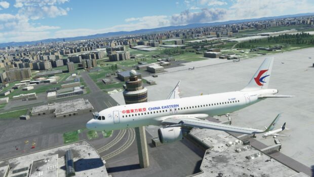 A China Eastern Airlines airplane flies near an airport control tower over a city, 4K Desktop Wallpaper