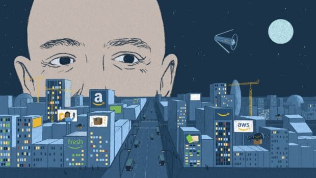 The cityscape shows buildings and drones with Amazon logos and a large head overlooking, 4K Desktop Wallpaper