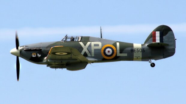 A Hawker Hurricane is captured flying against a clear blue sky, HD Desktop Wallpaper