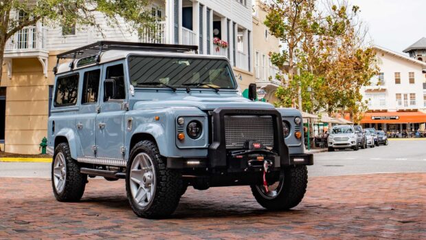 A Land Rover Defender is parked on a city street with autumn foliage around, HD Desktop Wallpaper