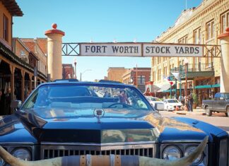 A classic car with longhorn hood ornament is parked under the Fort Worth Stock Yards sign, HD Mobile Wallpaper