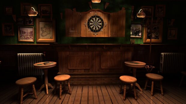 A classic darts set is displayed in a warm, cozy pub with wooden furniture and vintage decor, HD Desktop Wallpaper