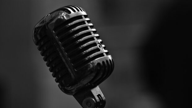 A classic microphone close up with detailed metal grill captured in black and white, 4K Desktop Wallpaper
