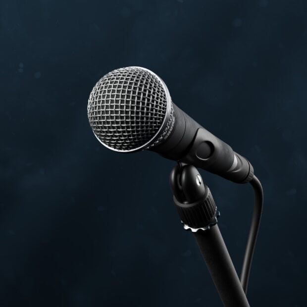 A close up of a classic microphone on a stand against a dark blue background with the microphone clearly visible, HD Desktop Wallpaper