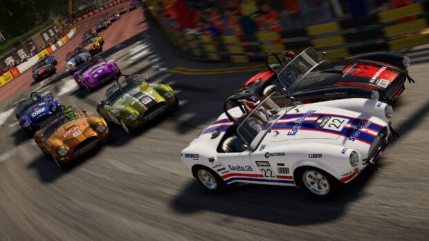 Classic racing cars compete closely in a fast paced racing game, 2K Desktop Wallpaper