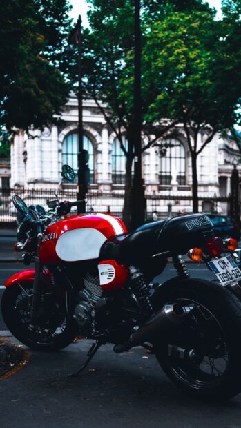 A classic red Ducati street bike stands parked on a city street with trees and buildings in the background, HD Phone Wallpaper