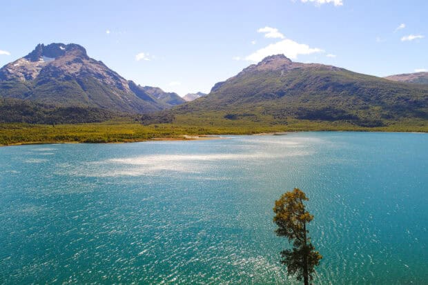 The clear blue lake is surrounded by green mountains and a single tree in Nahuel Huapi Wallpapers, HD Desktop Wallpaper