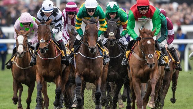 Horses and jockeys, A dramatic horse racing event shows several horses and jockeys in colorful gear running fiercely, HD Desktop Wallpaper