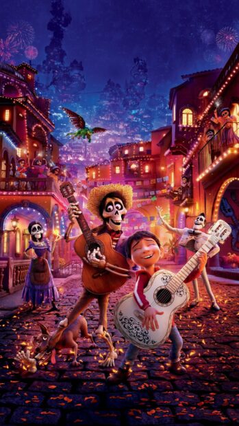 A boy and skeletons play guitars in a vibrant town celebrating life, 2K Mobile Wallpaper