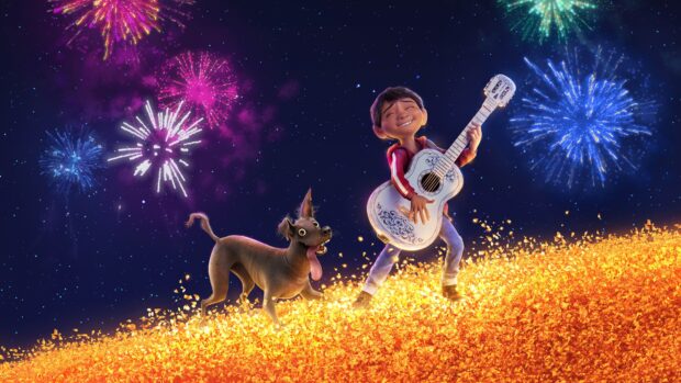 A boy is playing guitar with his dog under colorful fireworks in the night sky featuring Pixar Wallpapers, 4K Desktop Wallpaper