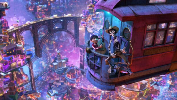 A boy plays guitar with a skeleton character in a colorful city, 4K Desktop Wallpaper