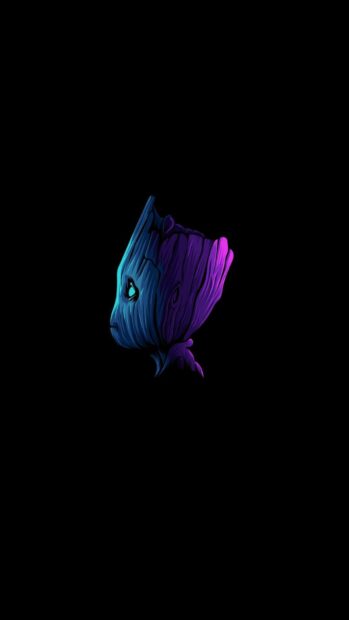The colorful Groot character is shown in a blue and purple glow on a black background, HD Mobile Wallpaper