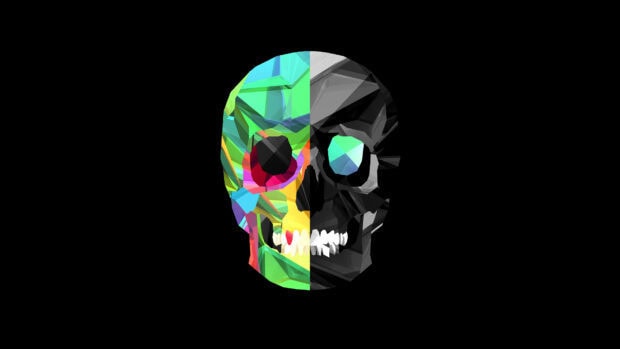 A digital skull design split with colorful and dark facets in a symmetrical pattern, 2K Desktop Wallpaper