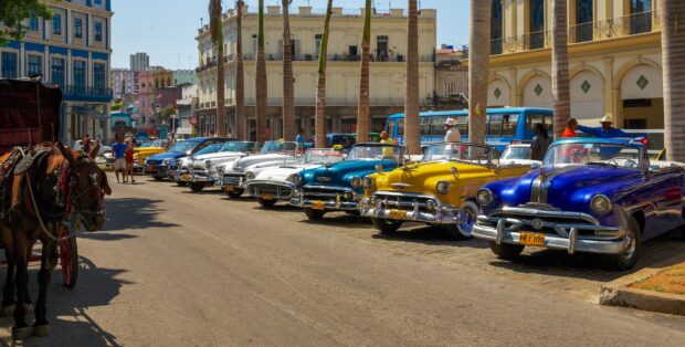A street in Havana Cuba shows vintage cars parked beside palm trees and colonial buildings, 4K Desktop Wallpaper