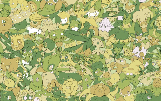 Various grass Pokemon characters illustrated in multiple shades of green and yellow, HD Desktop Wallpaper