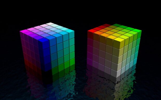 Two colorful cubes display vibrant colors with reflections, HD Desktop Wallpaper
