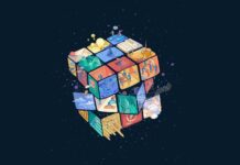 A colorful cube shows different imaginative scenes and characters in space, HD Desktop Wallpaper