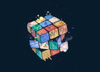 A colorful cube shows different imaginative scenes and characters in space, HD Desktop Wallpaper