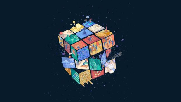 A colorful cube shows different imaginative scenes and characters in space, HD Desktop Wallpaper
