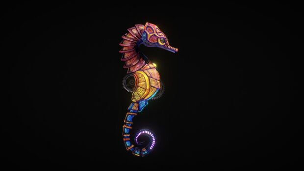 A digitally stylized seahorse glowing in vibrant colors on a dark background with intricate patterns, HD Desktop Wallpaper