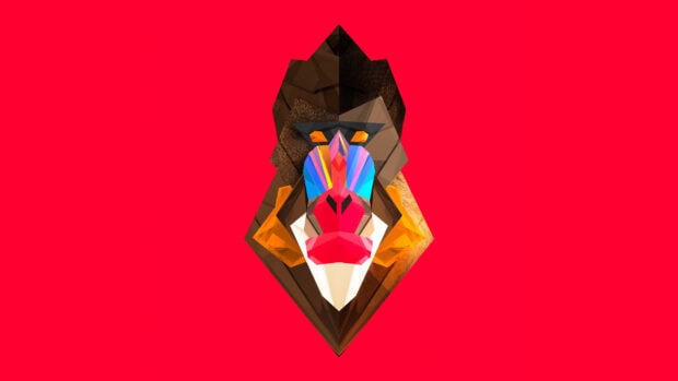 A geometric mandrill portrait with vibrant colors and sharp facets, 2K Desktop Wallpaper