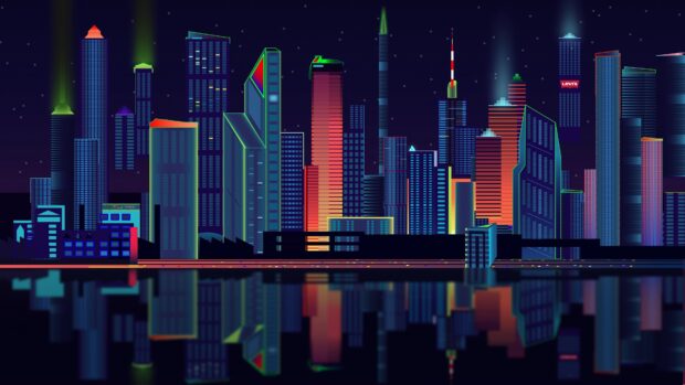 The backdrop wallpapers feature a vibrant cityscape with illuminated skyscrapers reflecting on water under a starry sky, 4K Desktop Wallpaper