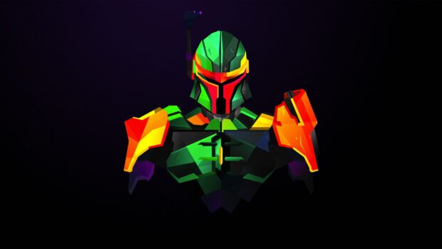 A colorful futuristic warrior helmet with geometric armor represents Justin Maller Wallpapers, 2K Desktop Wallpaper