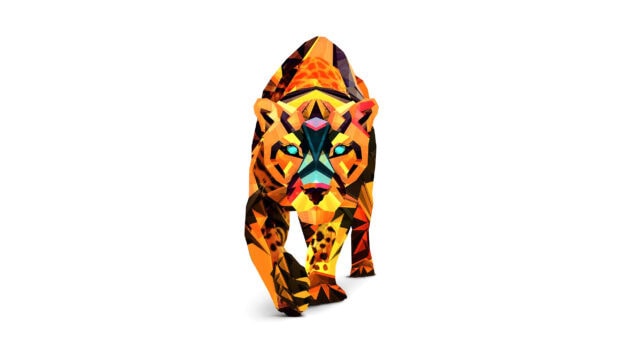A colorful geometric cheetah illustration in Justin Maller Wallpapers style walking forward, 2K Desktop Wallpaper